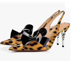 FOWT Leopard Pointed Toe Slingback Slip on Dress Pumps Stiletto Heels Bow Sandal